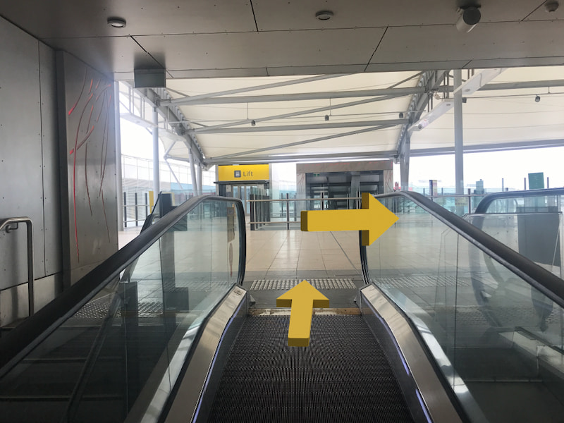 Escalator reaching the first level of the airport Skywalk.